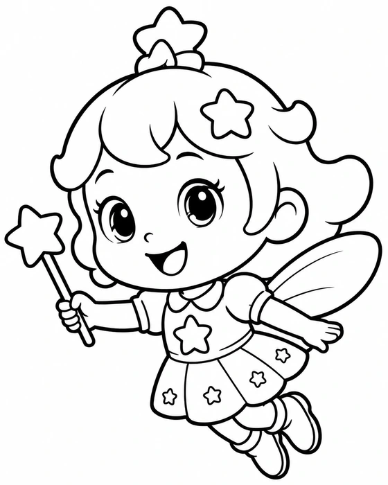 キララのぬりえ。白い背景に、キャラクターだけを太い黒線で描いた線画。