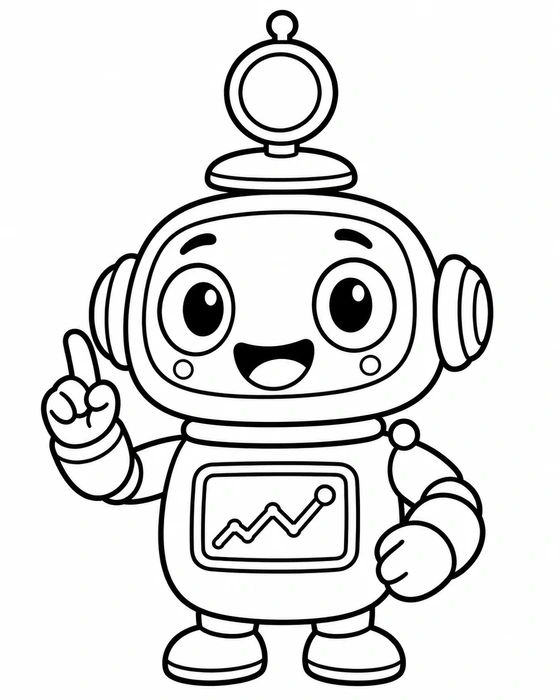 まるボットのぬりえ。白い背景に、キャラクターだけを太い黒線で描いた線画。