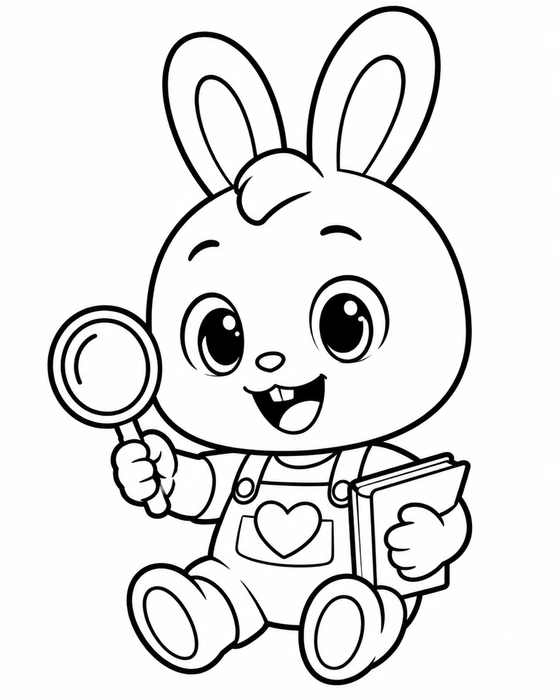 モモのぬりえ。白い背景に、キャラクターだけを太い黒線で描いた線画。
